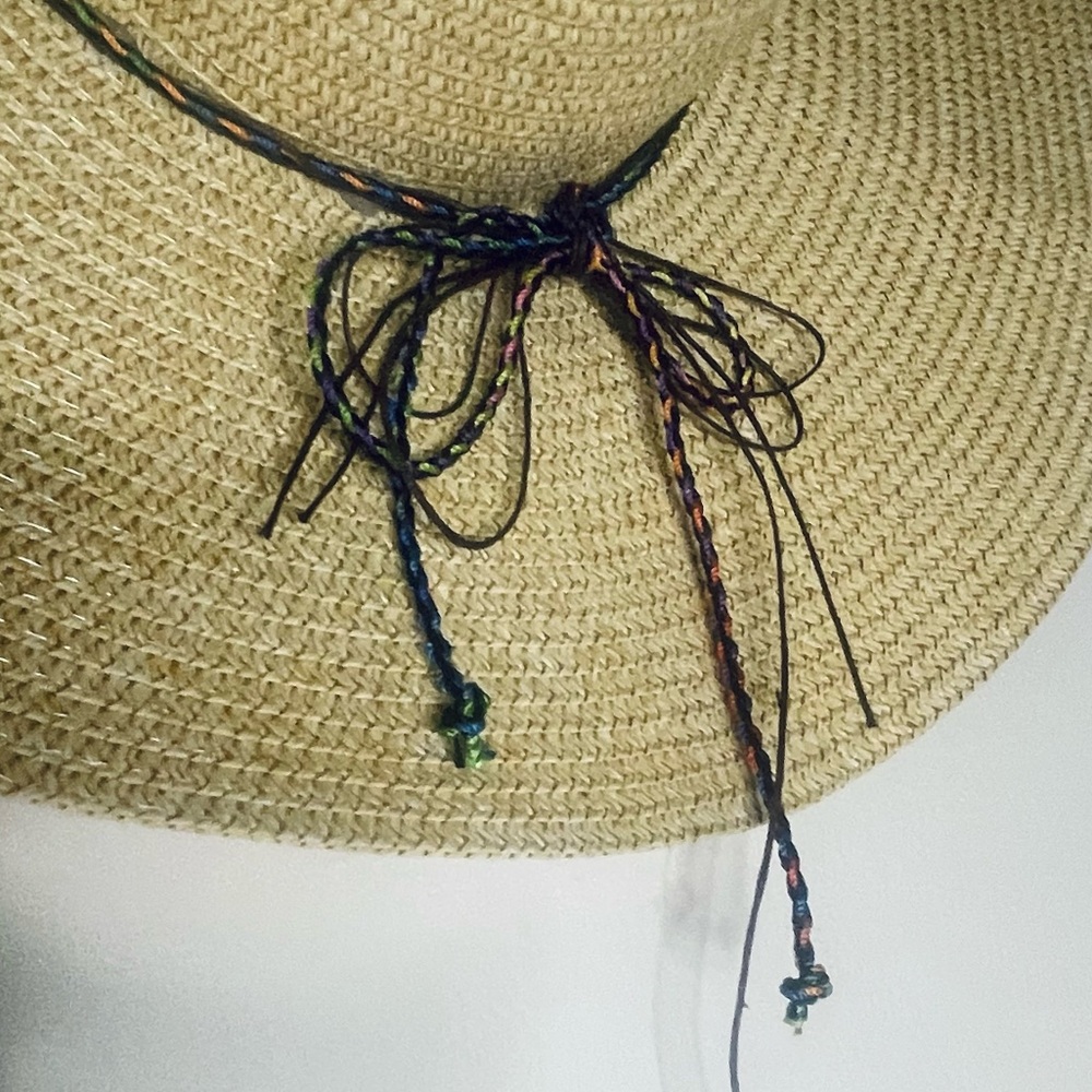 Bohemian Large straw hat with beading detailing with chin strap and bow tie - Picture 9 of 15